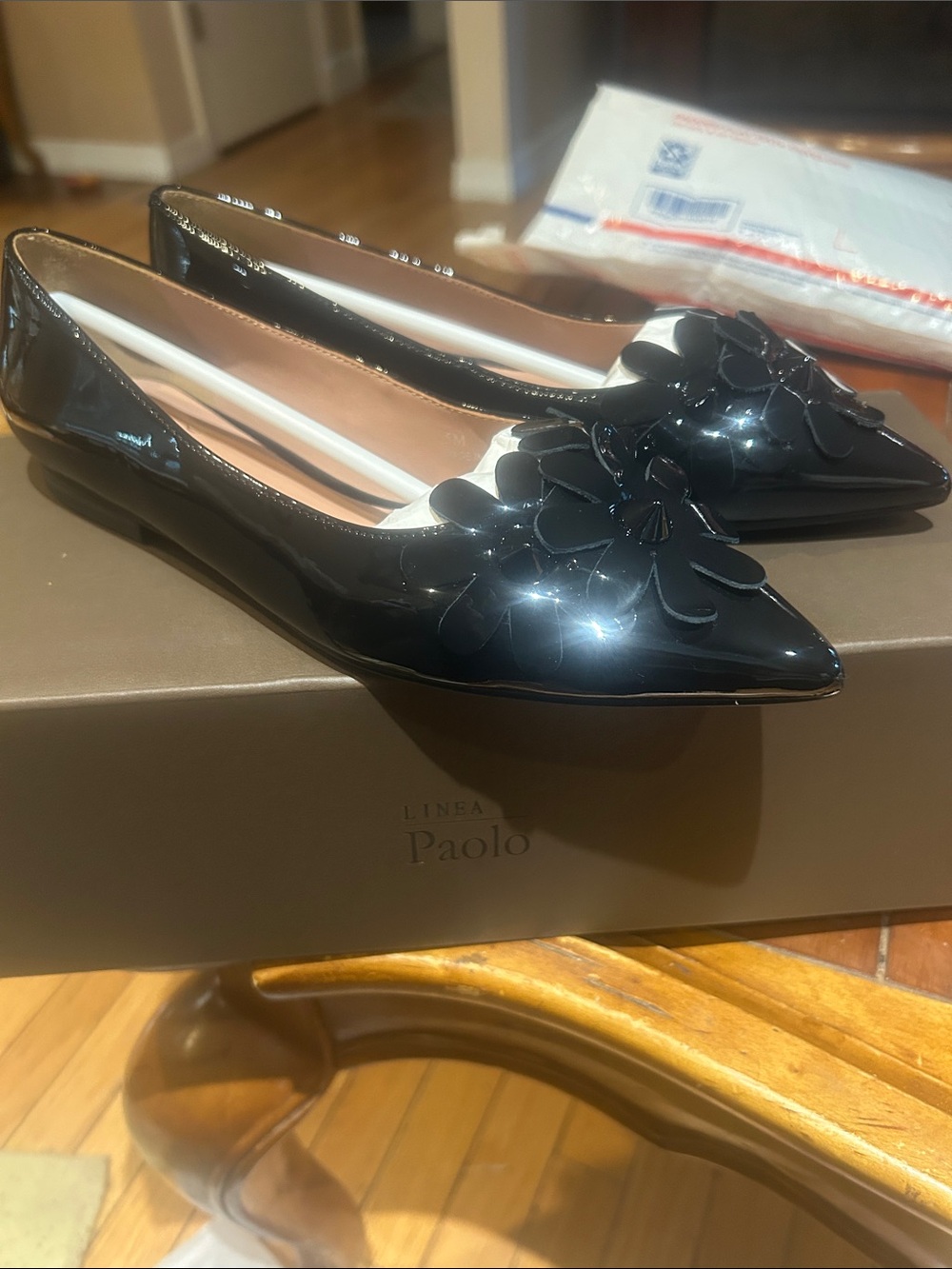 Paolo Black Patent Pointed-Toe Floral Appliquรฉ Flats